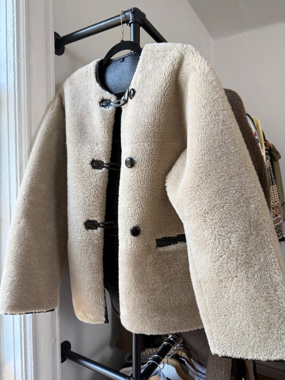 Cream Teddy Shearling Coat Toggle Closure Sz S